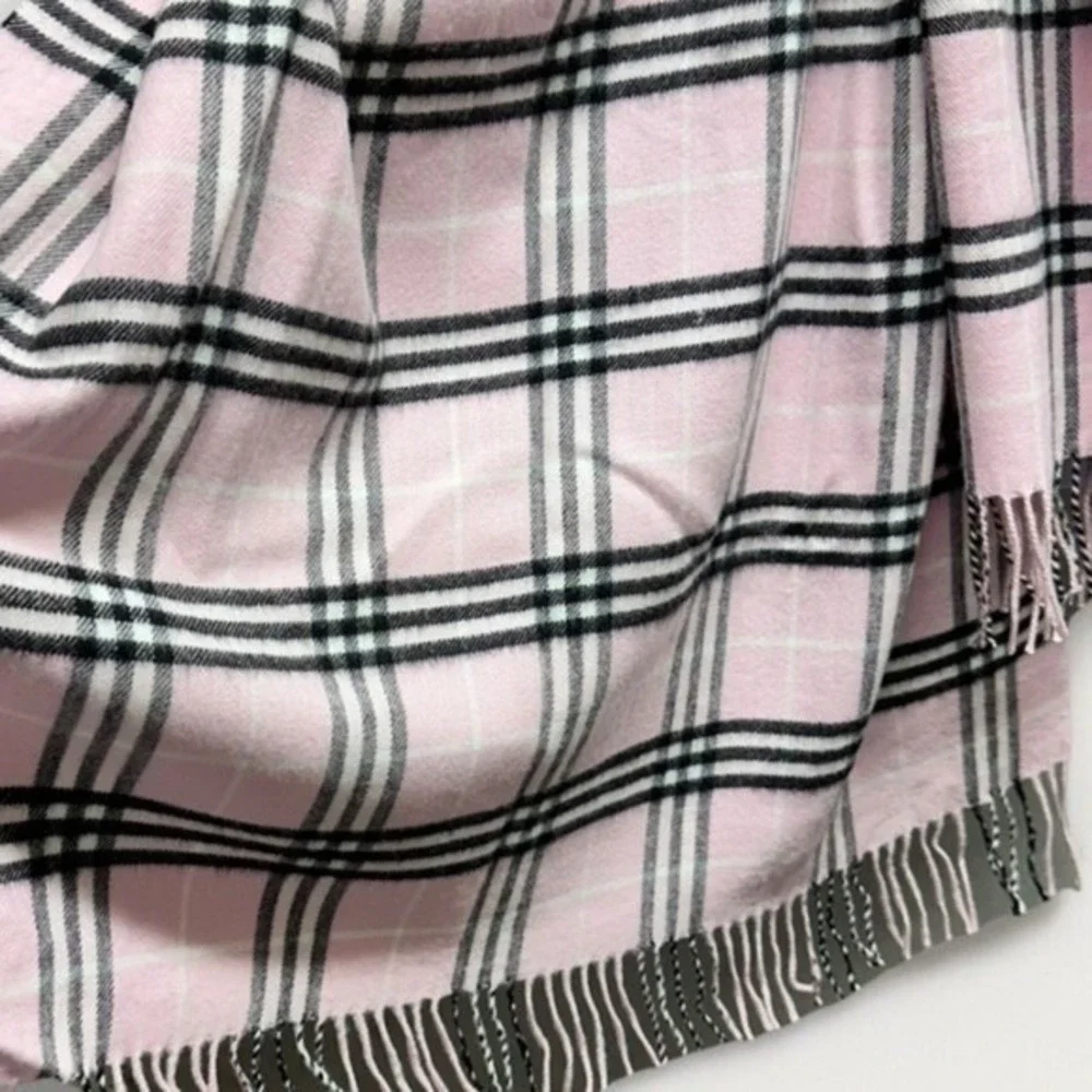 Rong Jia‎ Scarf Cashmere Fringe Trim Pink Tartan Plaid Shawl Wrap Cozy